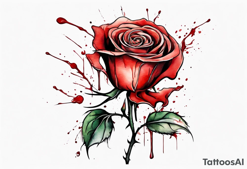 rose flower, one line, red blood dripping from the flower, tall, watercolor, with a T placed in the bottom half tattoo idea