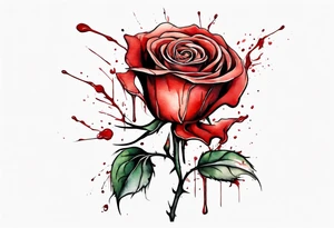 rose flower, one line, red blood dripping from the flower, tall, watercolor, with a T placed in the bottom half tattoo idea