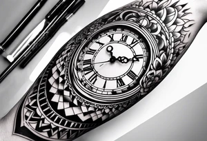 forearm sleeve, clock, stairs tattoo idea