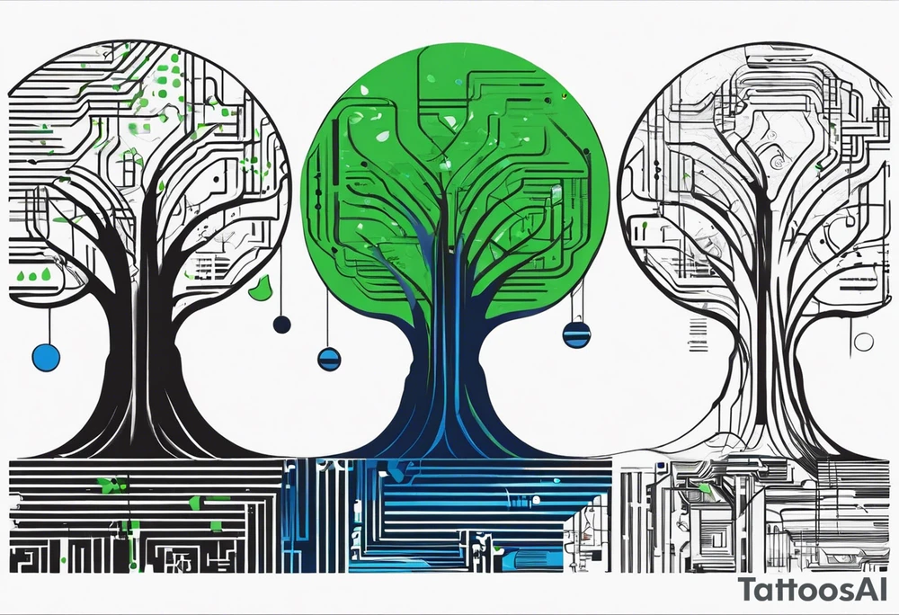 Bi-tree algorithm with binary code in black, blue and green colors tattoo idea