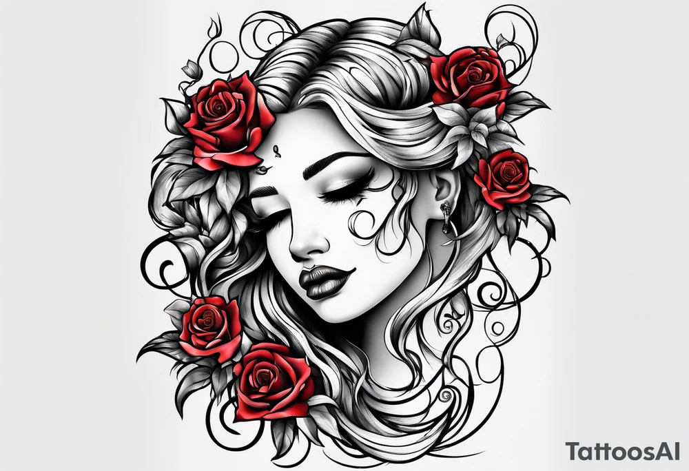 Metallic vines and roses with a crying face tattoo idea