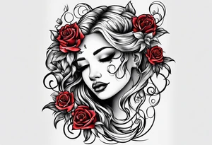 Metallic vines and roses with a crying face tattoo idea