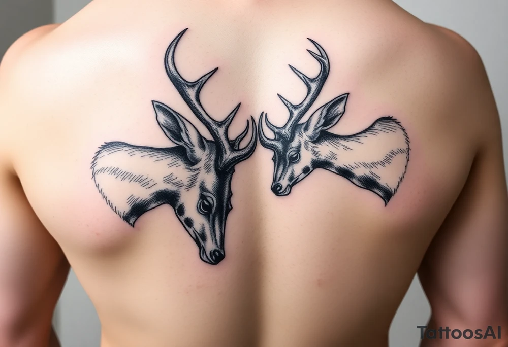 Entire Full body Two deer with their heads down hitting horns to show dominance. tattoo idea