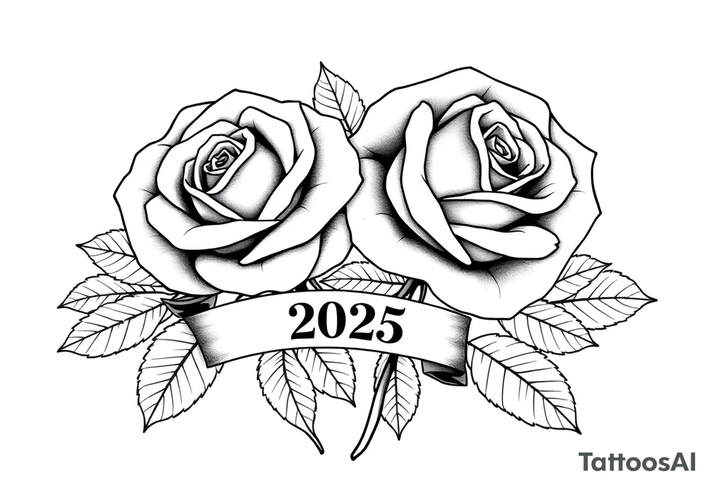 two beautiful large rose buds, one larger than the other, with lots and lots of leaves next to the rose buds, with one sitting slightly higher than the other, side-by-side.  Include a banner connecting the two roses with the year 2025 on it.   Use dark outlines with little shading. No stems tattoo idea