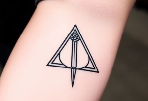 deathly hallows symbol from harry potter with a sword in the middle tattoo idea