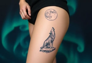 lone wolf howling at full moon with northern lights backdrop tattoo idea