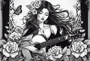 female skeleton listening to a male skeleton play guitar. The female skeleton has a ahibiscus flower behind here ear and is sitting on a korean kimchi pot. tattoo idea