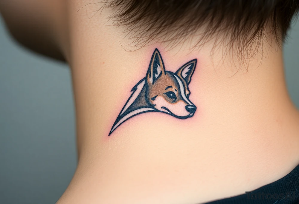 One line tattoo of female dog with white strip going up dog’s snout slightly off centered. With young slightly out tattoo idea