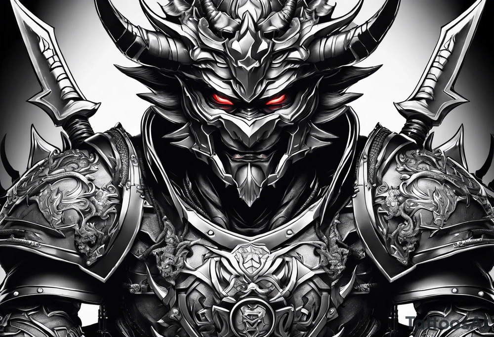 Angry demon Modern robot ninja with demon mask with swords in hands fighting dragon tattoo idea