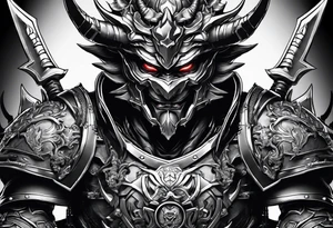 Angry demon Modern robot ninja with demon mask with swords in hands fighting dragon tattoo idea