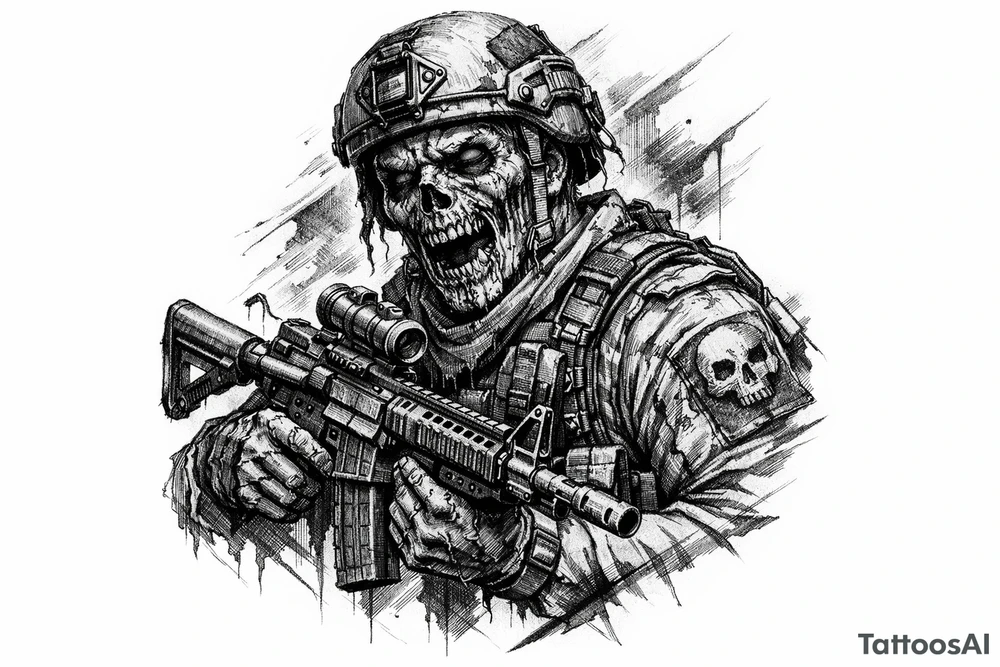 zombie in soldier-outfit,assault-rifle. tattoo idea
