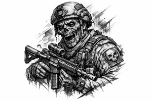 zombie in soldier-outfit,assault-rifle. tattoo idea
