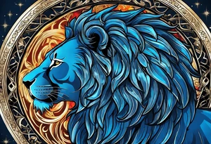I Want zodiac leo/lion for upper arm and bicep. With blue and fire in it. I want the lion to be eating all its strengths and weaknesses labeled in black color tattoo idea
