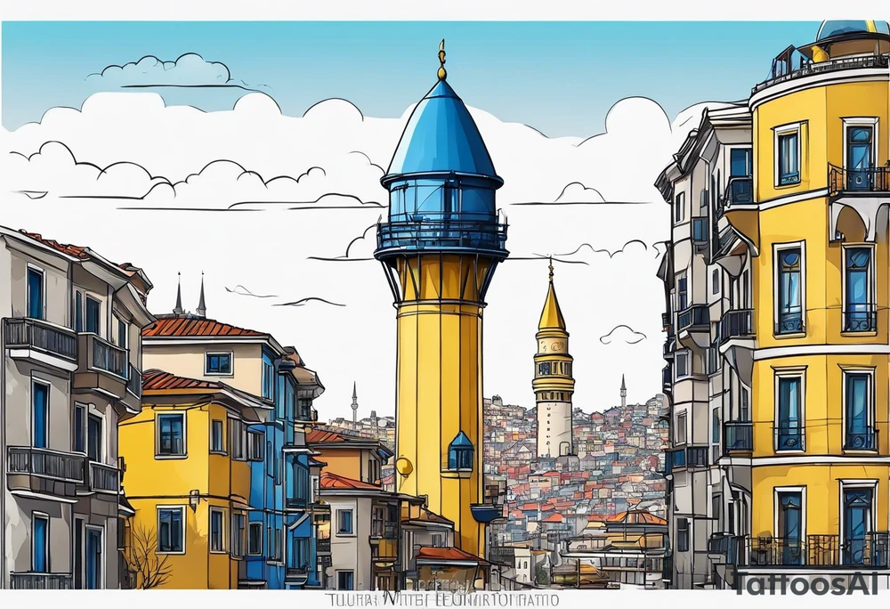 istanbul water tower with yellow blue details tattoo idea