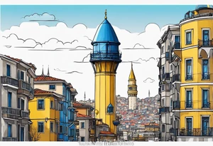 istanbul water tower with yellow blue details tattoo idea