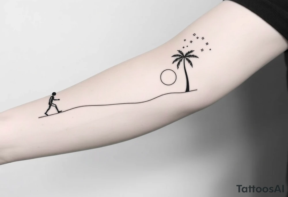 Create a minimalist tattoo design that wraps around the upper right arm, just below the armpit and above an existing blackwork sleeve.

Design Flow:

The tattoo is connected by a thin, continuous line that wraps around the arm.

On the outer/front arm, place a small, minimal walking figure on the line, moving forward. The line should have a gentle wave under his steps to create movement.

The line continues to the inner arm, where a boy is sitting on the line (with his back to the viewer, legs dangling below the line).

To the right of the boy, place a slightly leaning palm tree growing from the line.

Behind or beside the tree, include a minimal sun, low on the horizon (simple circle or half-sun).

In the space above, softly scatter minimalist stars, mostly dots, with 2–3 sparkles or tiny diamond shapes.

Style Notes:

Keep everything in fine line / minimalist style, no heavy shading

Design should feel light, dreamy, and reflective — symbolizing balance between stillness and motion

Line should echo the flow of the existing tribal/blackwork arm band below, but not mimic or clash with it

The boy should sit directly under the palm and with the back to the viewer and the feet hanging from the line tattoo idea