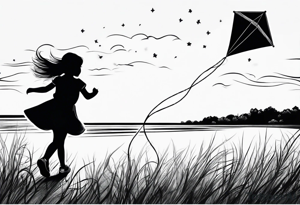 the back of a little girl in a dress, flying a kite tattoo idea
