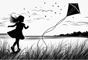 the back of a little girl in a dress, flying a kite tattoo idea