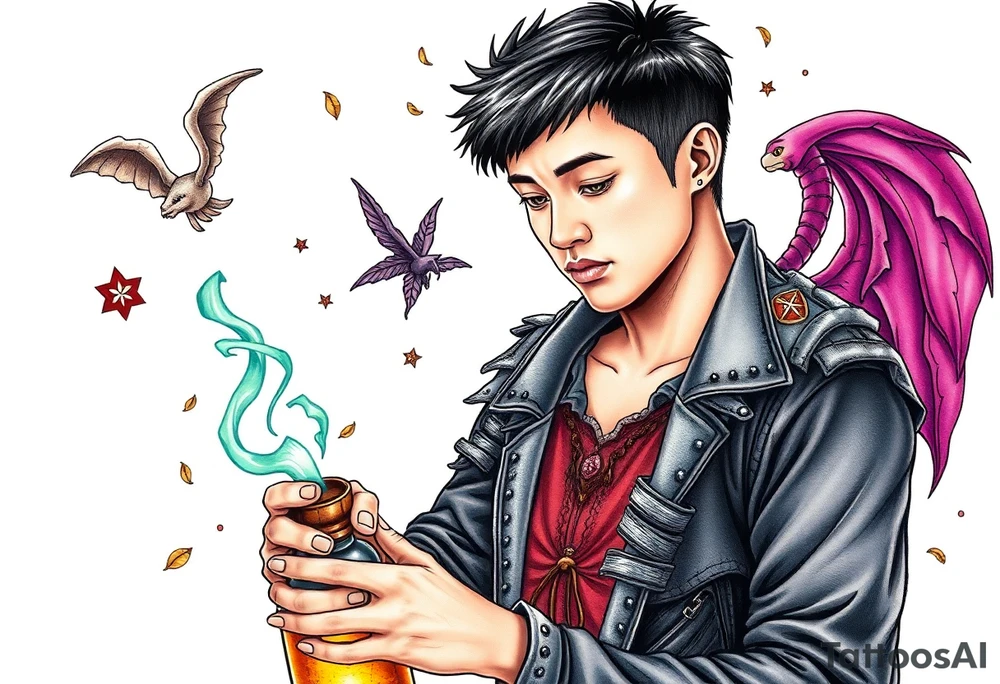 Handsome Asian young adult guy is  accidentally stumbled upon witch tools, supplies, artifacts, potions and exploring it curiously tattoo idea