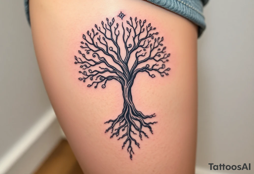 mystical tree of life with cosmic roots and celestial branches tattoo idea