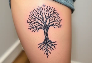 mystical tree of life with cosmic roots and celestial branches tattoo idea