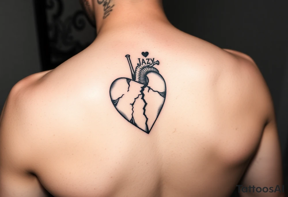upper arm tattoo -broken heart of a deceased best friend with the name Jazy incorporated tattoo idea
