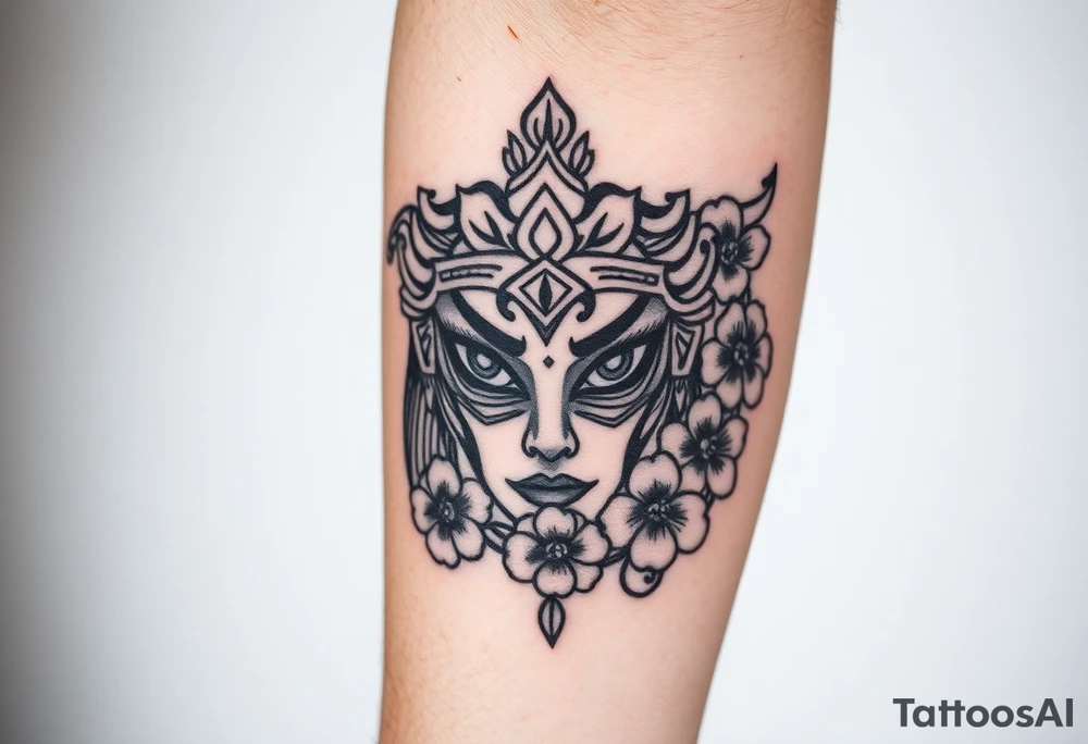 Saramarau women eyes warrior With cherry blossom around tattoo idea