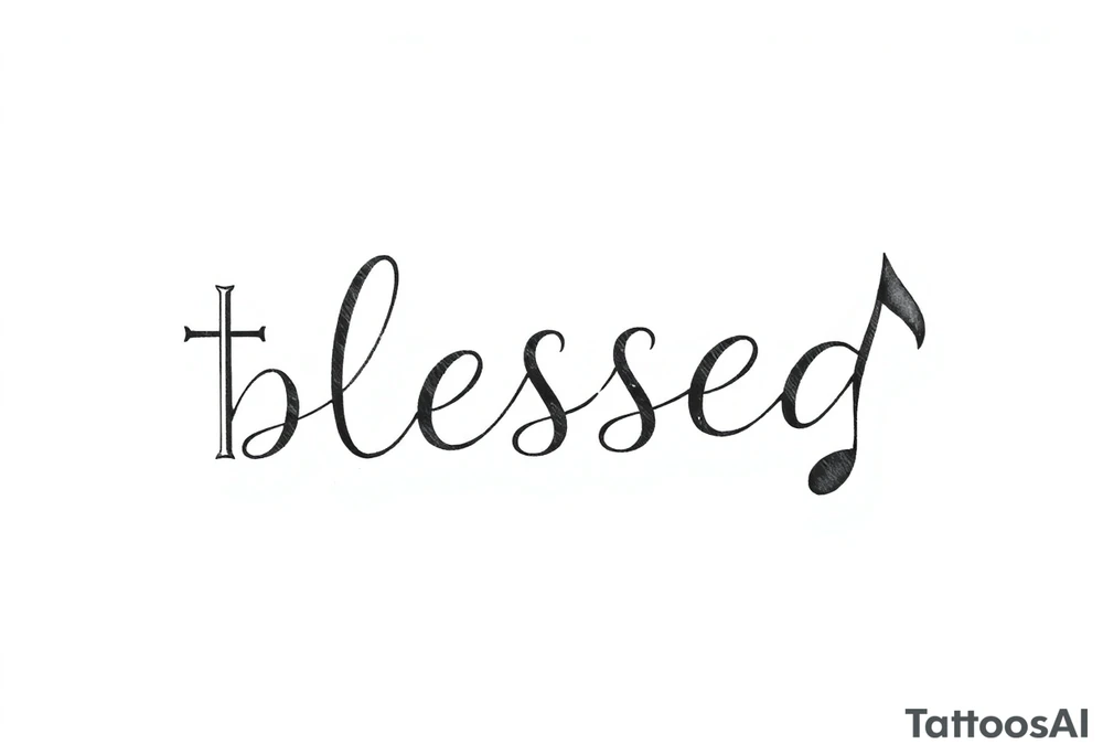 The word blessed is acrostic and on the left there is a cross and the right a music note tattoo idea