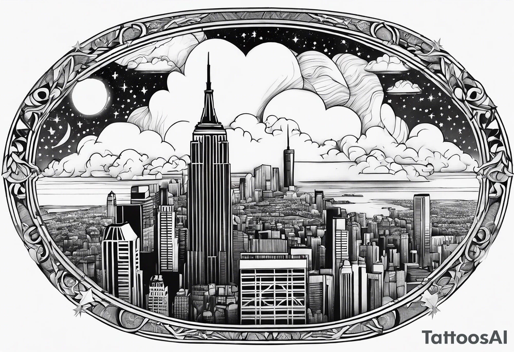 stars, clouds, city tattoo idea
