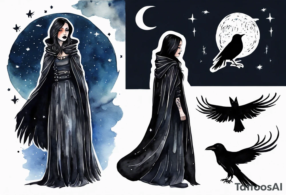 a Dakota woman wearing a black cloak, standing before the night sky with a crescent moon, a raven on her shoulder tattoo idea