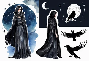 a Dakota woman wearing a black cloak, standing before the night sky with a crescent moon, a raven on her shoulder tattoo idea