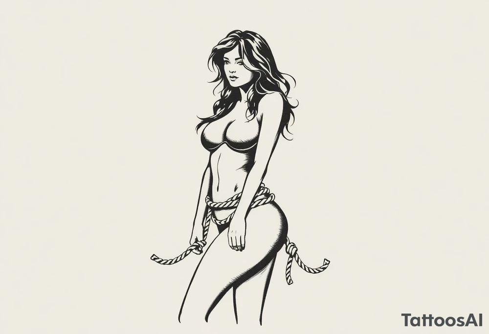 A silhouette stencil style drawing of a sexy woman bound with ropes tattoo idea