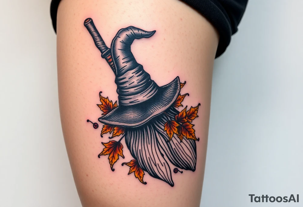 Which is broom with handle
 a witches hat with fall maple leaves and vines tattoo idea