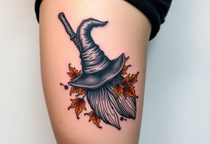 Which is broom with handle
 a witches hat with fall maple leaves and vines tattoo idea