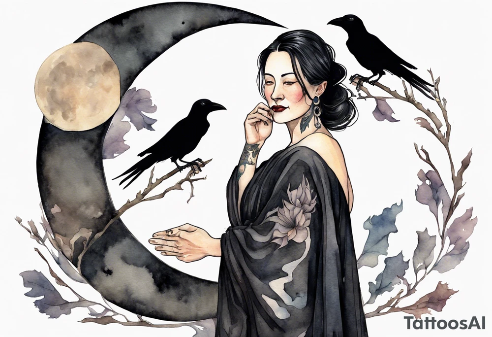 a beautiful 50 year old Dakota woman with pale skin wearing a black robe, standing on a crescent moon with bare feet, a raven on her shoulder tattoo idea
