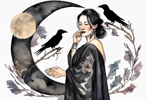 a beautiful 50 year old Dakota woman with pale skin wearing a black robe, standing on a crescent moon with bare feet, a raven on her shoulder tattoo idea
