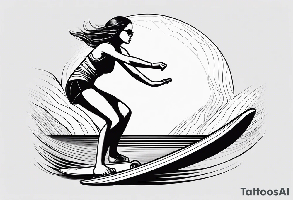 A girl that surfs on a longboard in a very elegant style and it should be very minimalistic and fineline tattoo idea