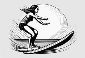 A girl that surfs on a longboard in a very elegant style and it should be very minimalistic and fineline tattoo idea