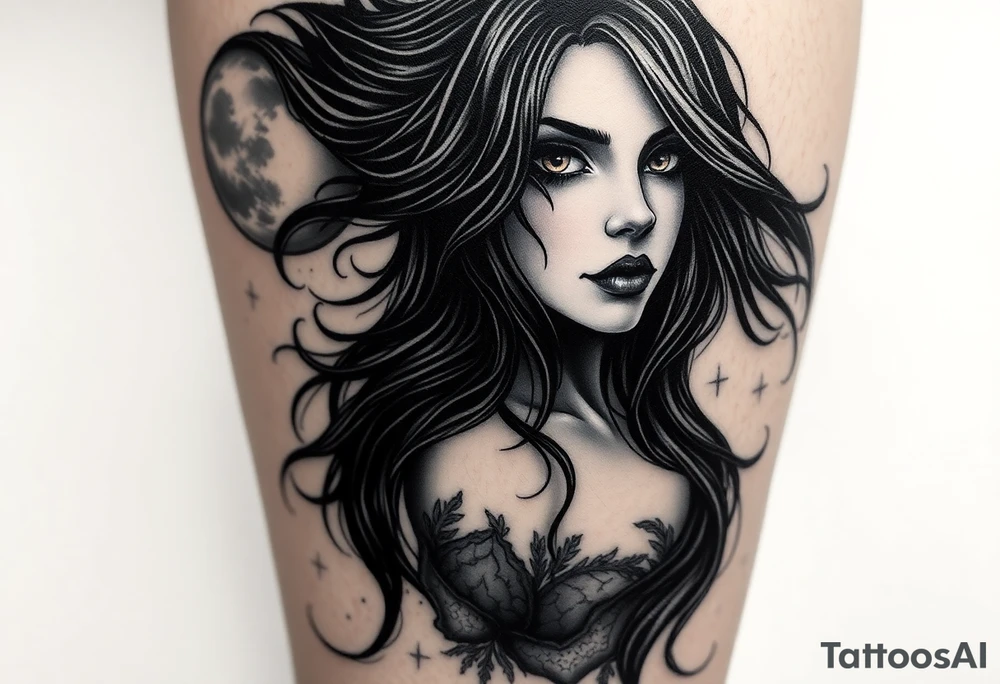 Mystical / detailed realism gothic style
Placement: thigh
 Full moon, raven-haired woman with glowing brown eyes
 Fog and stars (if that’s what you meant?)
Witchy Woman” song lyrics incorporated based off the song  tattoo tattoo idea