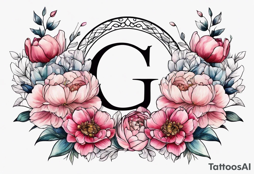 Initials G and J surrounded by peonies and ranunculus flowers tattoo idea
