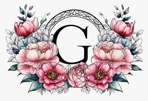 Initials G and J surrounded by peonies and ranunculus flowers tattoo idea