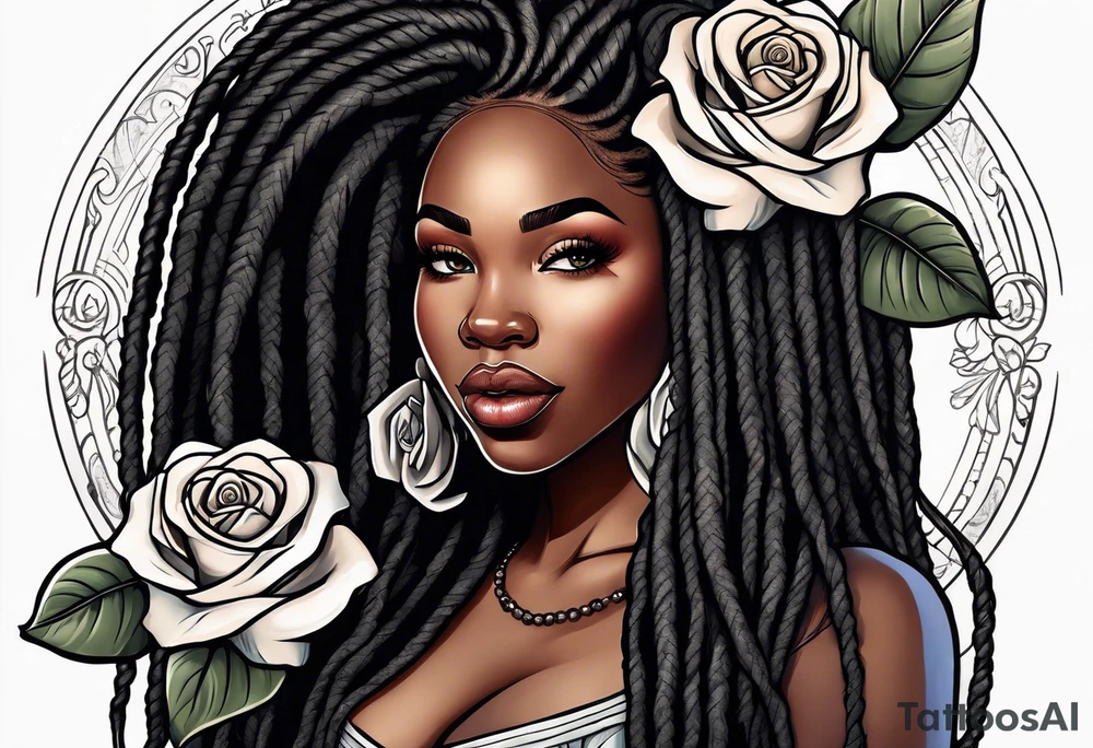 beautiful thick black women with long straight dreadlocks, holding a beautiful single rose,, pastel, old school traditional, tattoo idea