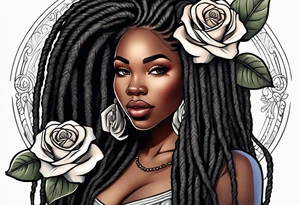 beautiful thick black women with long straight dreadlocks, holding a beautiful single rose,, pastel, old school traditional, tattoo idea