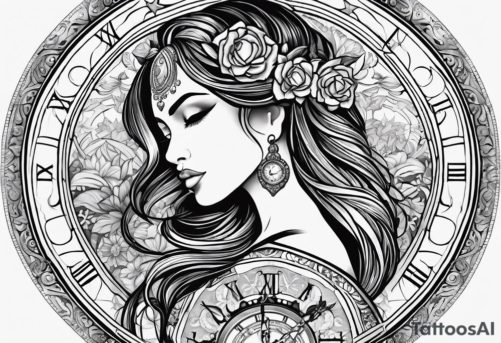 Hispanic/ Latin goddess, love, forgiveness, strength, peace, cancer zodiac time, past, future, clock tattoo idea