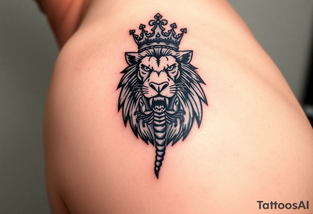 a powerful and majestic lion with a crown and in the middle of this crown , a realistic scorpion, tattoo idea