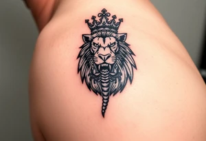 a powerful and majestic lion with a crown and in the middle of this crown , a realistic scorpion, tattoo idea