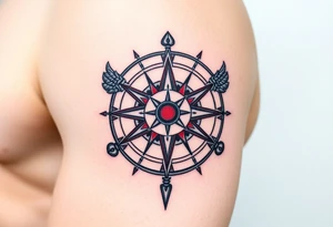 A Sun Dial in the Shape of a Cross with Egyptian Symbols (only red , blue and black are possible colors) tattoo idea