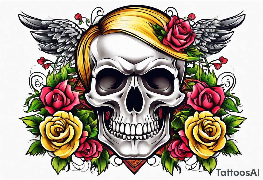 feminine skull and cross bones with blonde pigtails tattoo idea