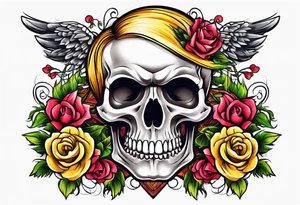 feminine skull and cross bones with blonde pigtails tattoo idea