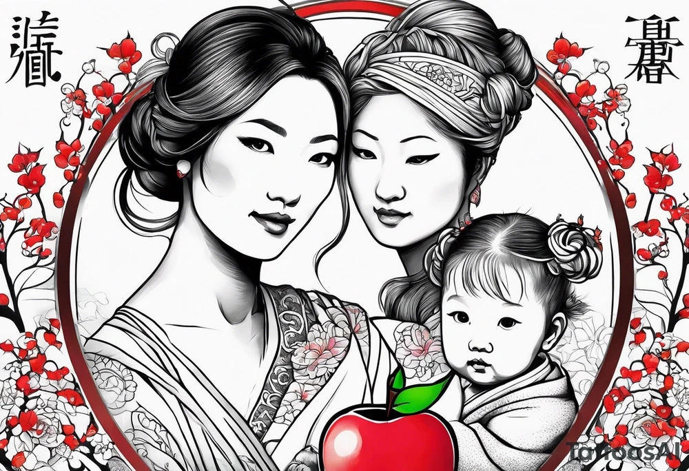 Mother/daughter tattoo around theme “apple doesn’t fall far from the tree” tattoo idea